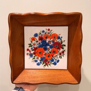 Vintage Wooden Wall Hanging with Floral Tile